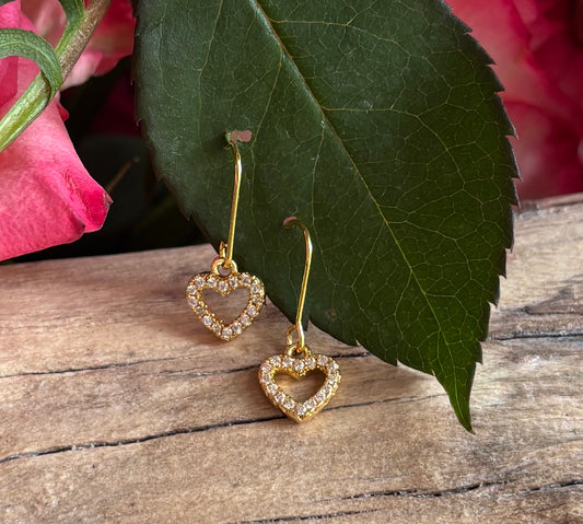 14ct Gold Plated Cubic Zirconia Hollow Heart Drop Earrings