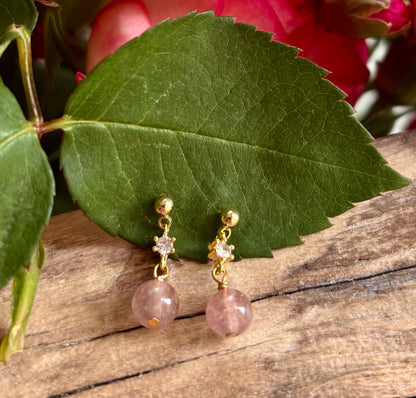 14ct Gold Plated Strawberry Quartz Drop Earrings