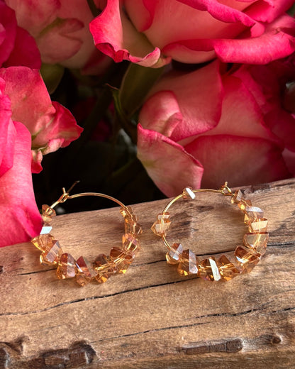 14ct Gold Plated Tea Brown Glass Chips Hoop Earrings