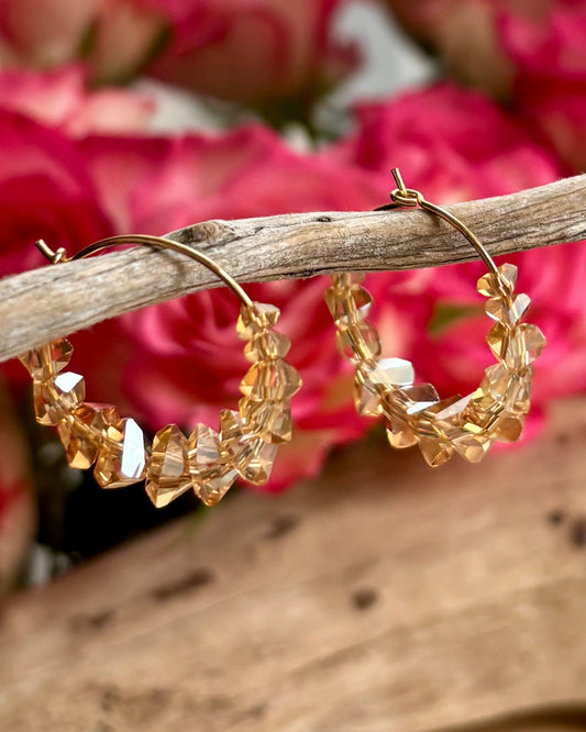 14ct Gold Plated Tea Brown Glass Chips Hoop Earrings