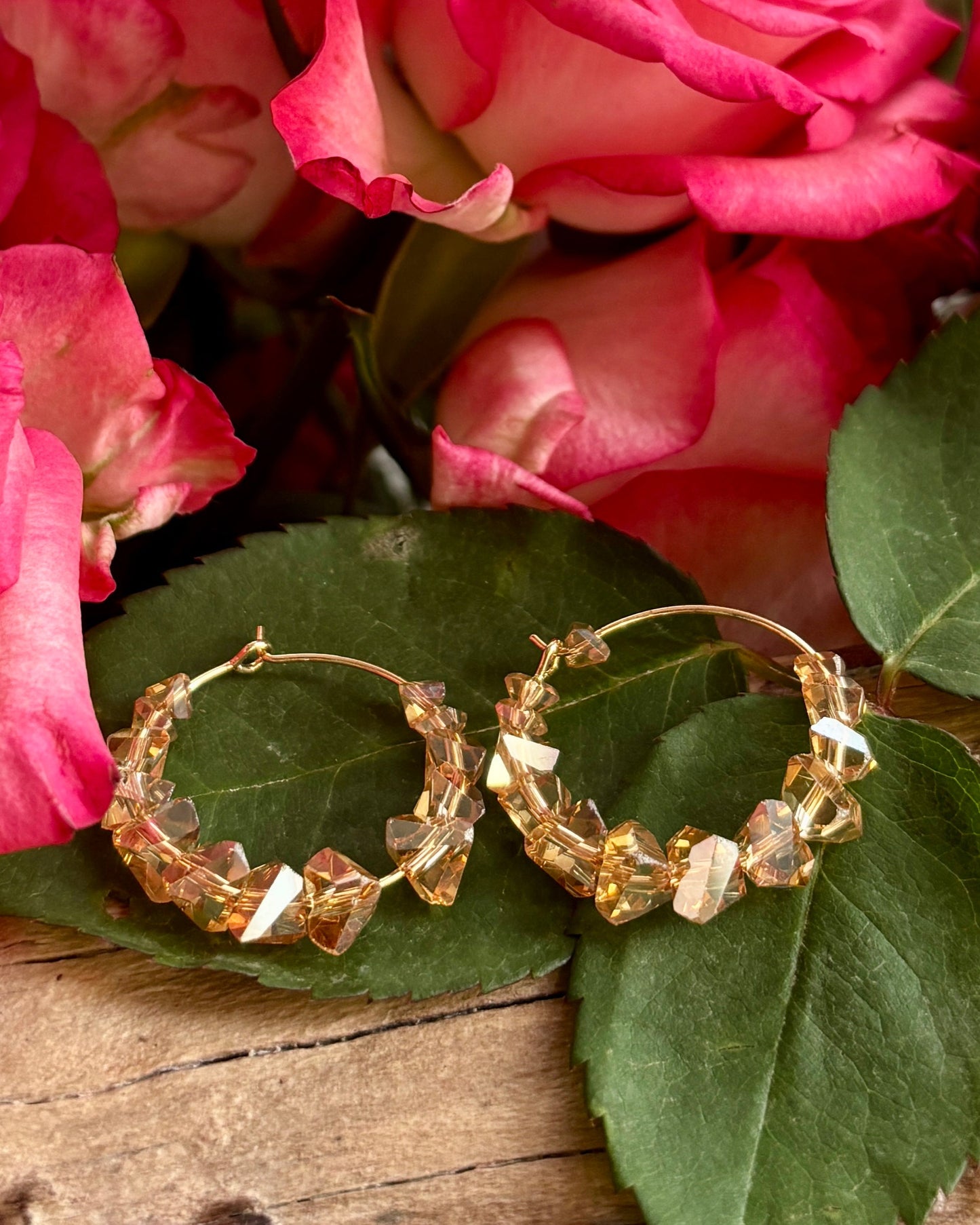 14ct Gold Plated Tea Brown Glass Chips Hoop Earrings