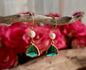14ct Gold Plated Fresh Water Pearl Green Faceted Glass Drop Earrings