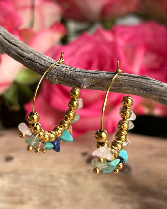 18ct Gold Plated Gemstone Cluster Hoop Earrings