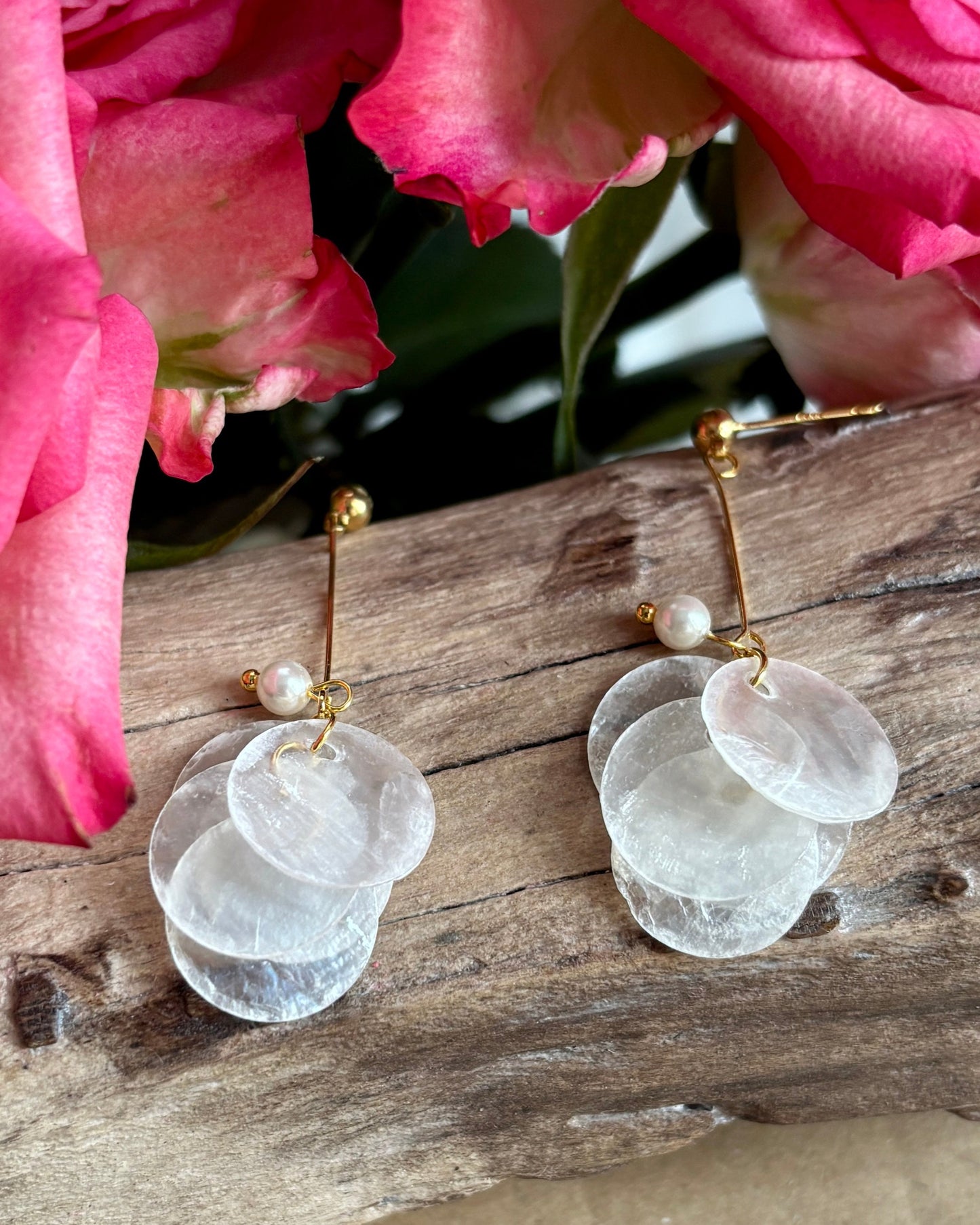 14ct Gold Plated Shell Disc Drop Earrings