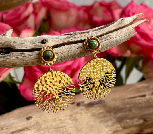 18ct Gold Plated African Turquoise Hammered Disc Earrings