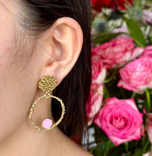 18ct Gold Plated Gold Circle Rose Quartz Hoop Earrings     
