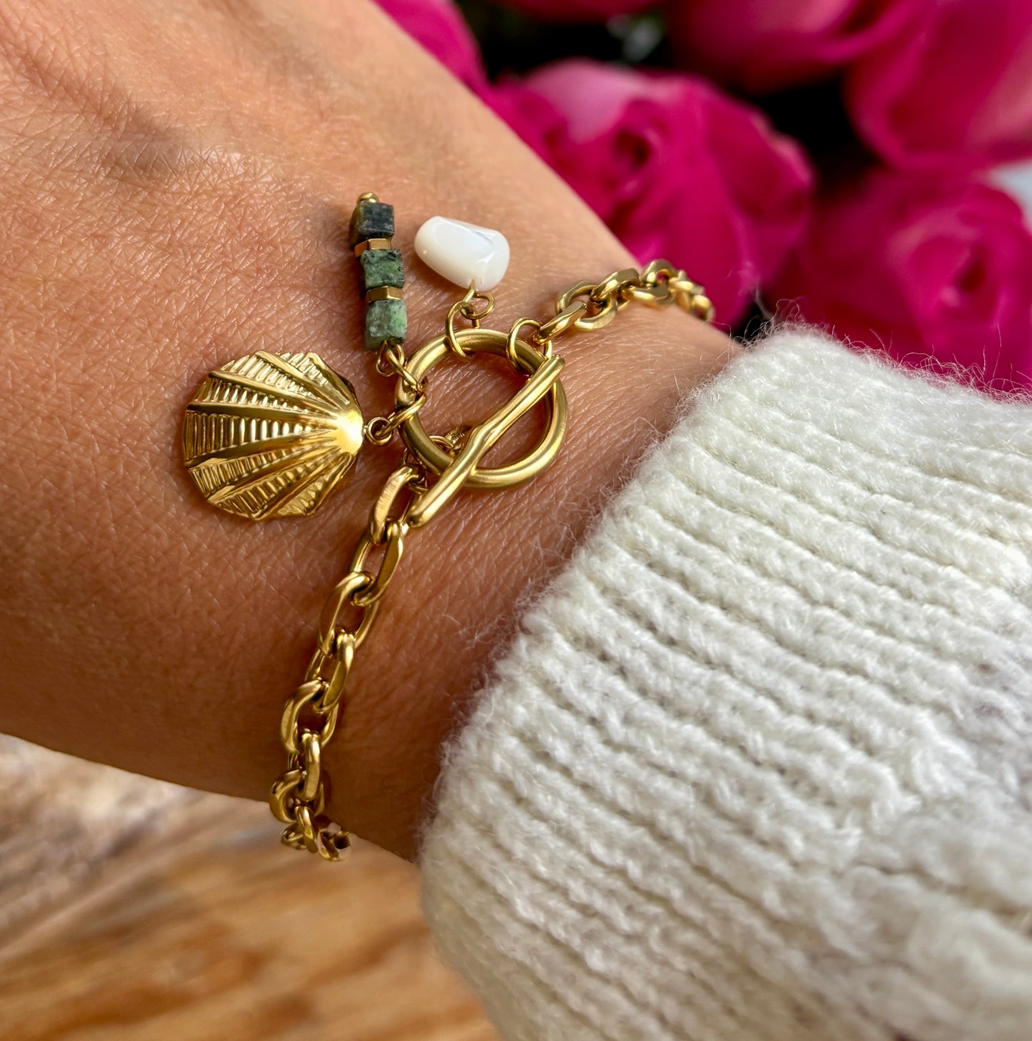 18ct Gold Plated T-Bar Bracelet with Charms
