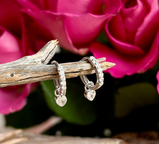 925 Sterling Silver Cubic Zirconia Heart Drop Huggie Earrings