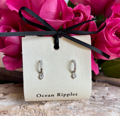 925 Sterling Silver Cubic Zirconia Heart Drop Huggie Earrings