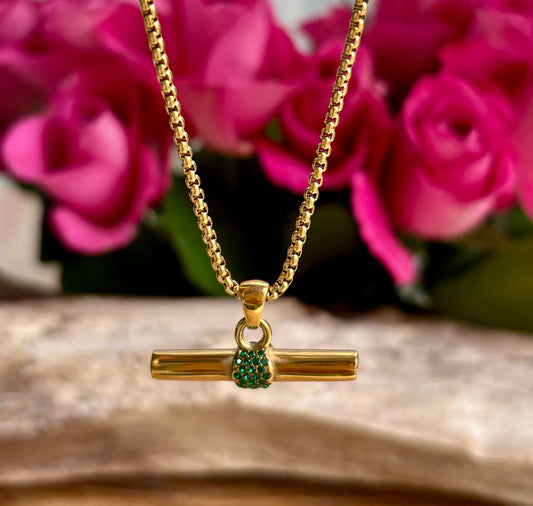 18ct Gold Plated Green Cubic Zirconia T-Bar Necklace