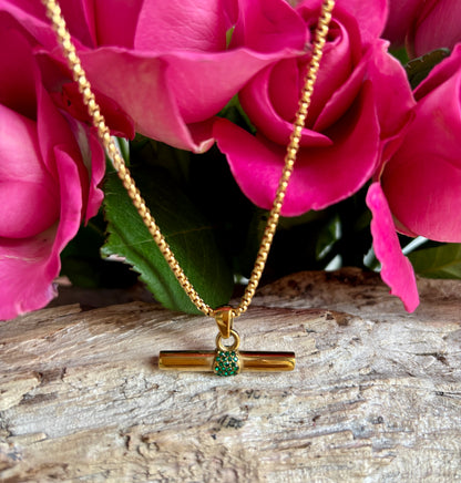 18ct Gold Plated Green Cubic Zirconia T-Bar Necklace