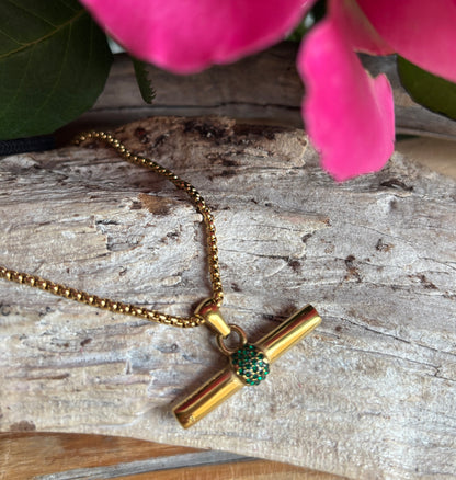 18ct Gold Plated Green Cubic Zirconia T-Bar Necklace