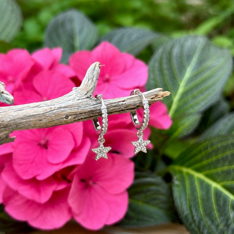 Rhodium Plated Cubic Zirconia Mini Star Huggie Earrings