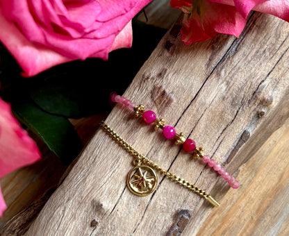 18ct Gold Plated Pink Quartz Star Double Chain Bracelet 
