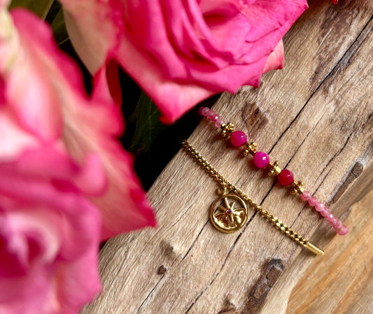 18ct Gold Plated Pink Quartz Star Double Chain Bracelet 