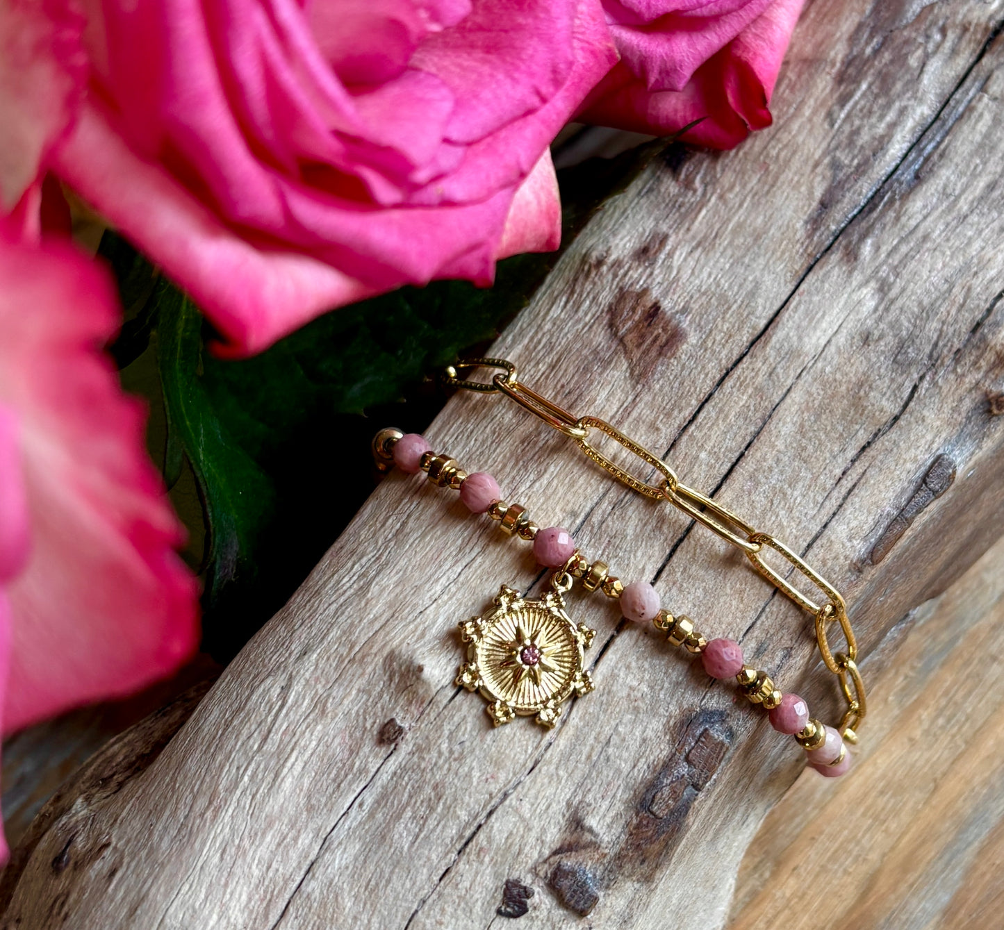 18ct Gold Plated Rhodochrosite Sun Disc Bracelet