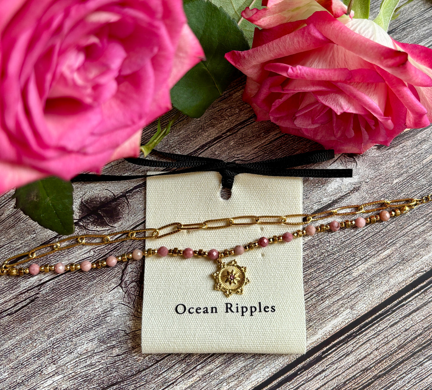 18ct Gold Plated Rhodochrosite Sun Disc Bracelet