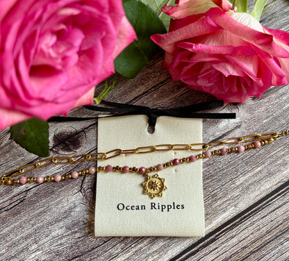 18ct Gold Plated Rhodochrosite Sun Disc Bracelet