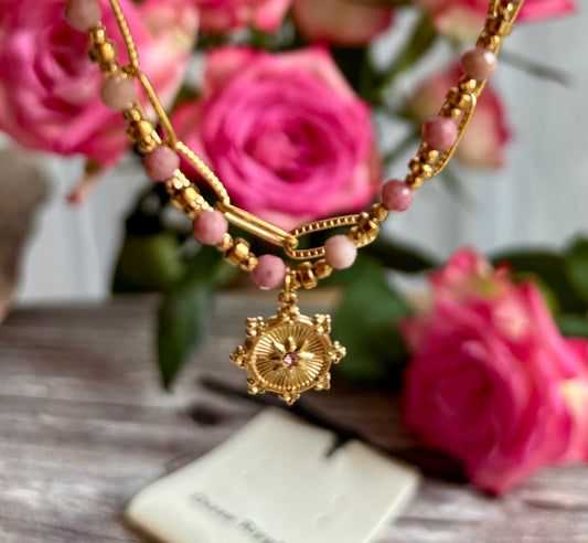 18ct Gold Plated Rhodochrosite Sun Disc Bracelet