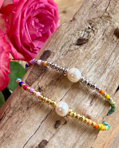18ct Gold Plated Pearl Miyuki Rainbow Bracelet - Available In Silver
