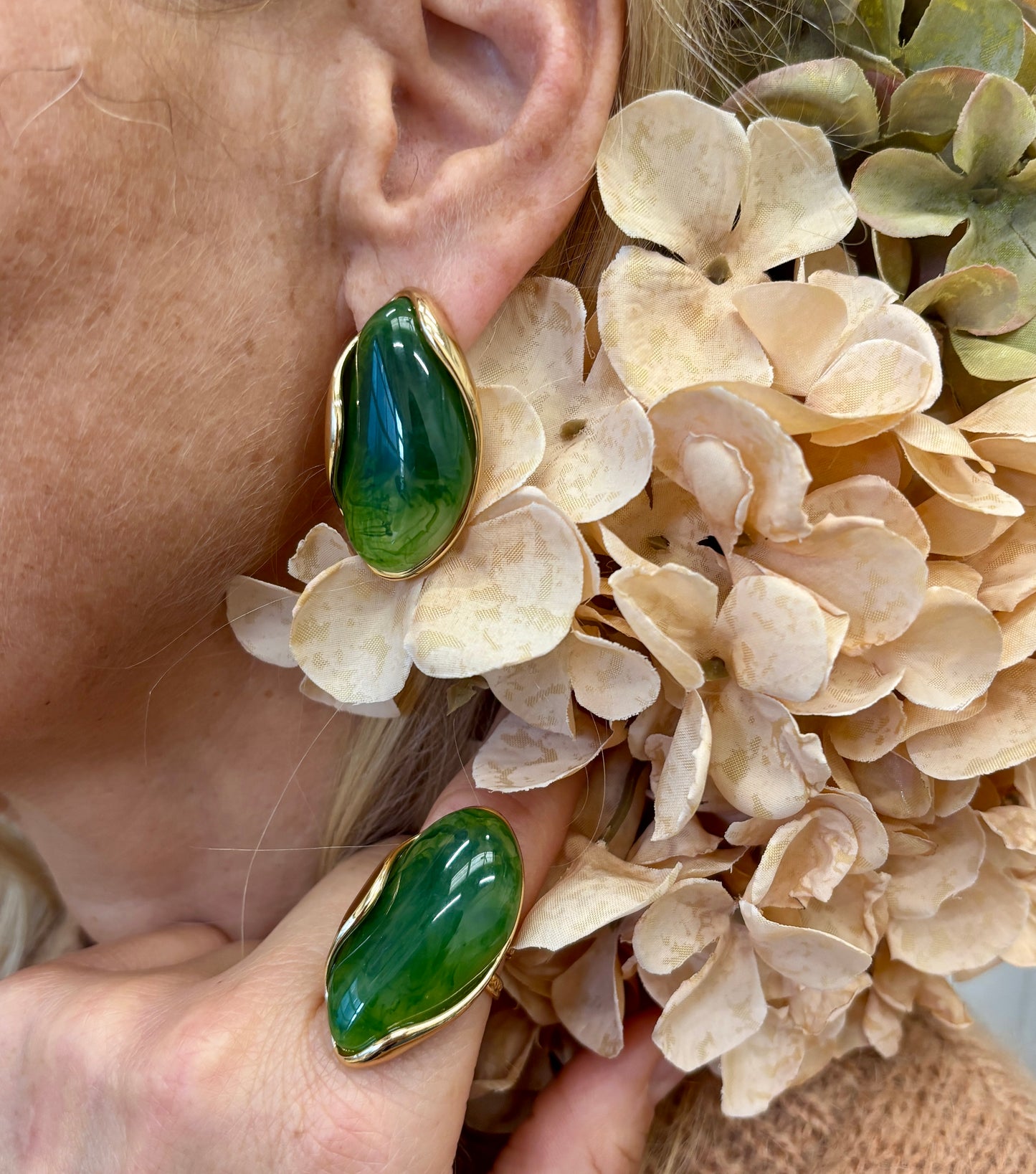 18ct Gold Plated Green Resin Statement Earrings and Ring Set - Save BIG