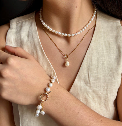 14ct Gold Plated Fresh Water Pearl T- Bar Bracelet