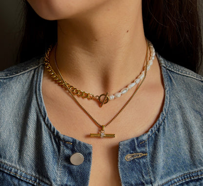 18ct Gold Plated Cubic Zirconia T Bar Necklace