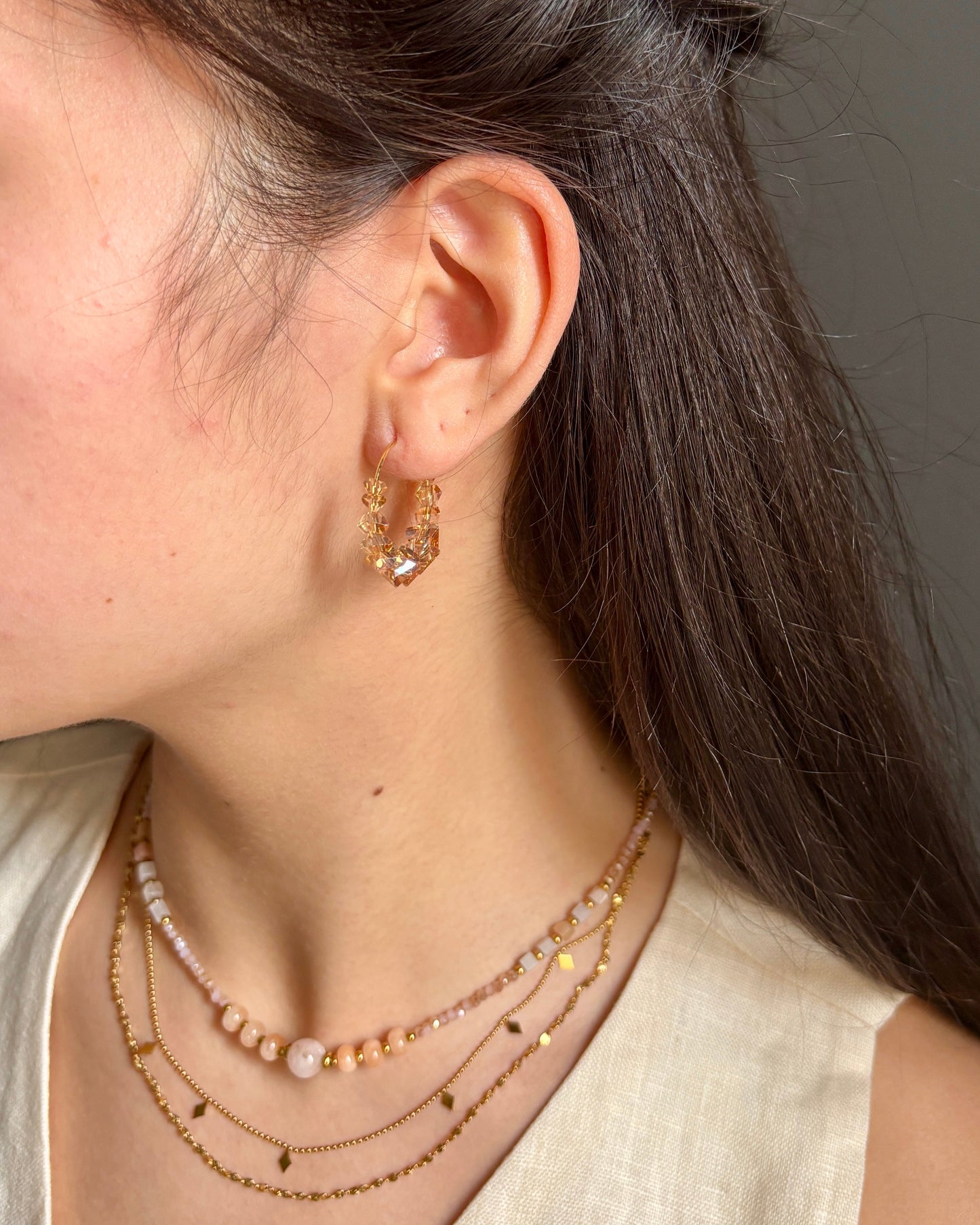 14ct Gold Plated Tea Brown Glass Chips Hoop Earrings