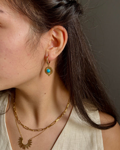 18ct Gold Plated Turquoise Sun Disc Huggie Earrings