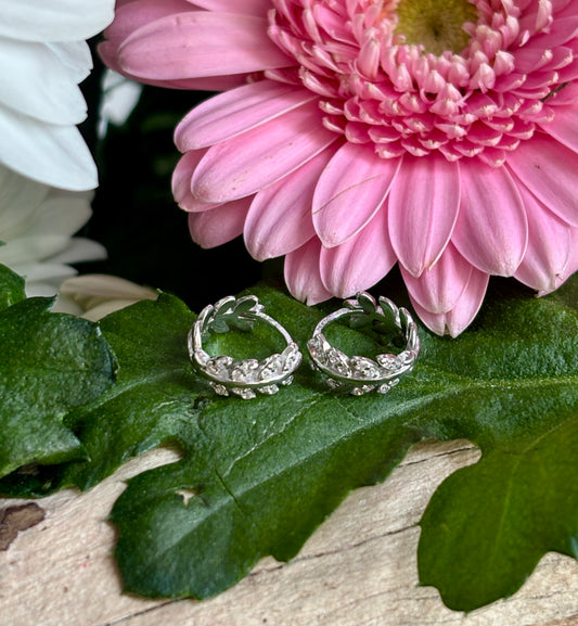 Platinum Plated 925 Sterling Silver Cubic Zirconia Leaf Huggie Earrings 