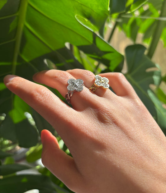 Stainless Steel Cubic Zirconia Clover Adjustable Ring