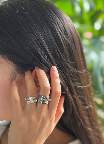 18ct Gold Plated Adjustable Multi Coloured Cubic Zirconia Hammered Ring - Available in Silver