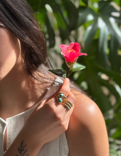 18ct Gold Plated Turquoise Triple Band Adjustable Ring 