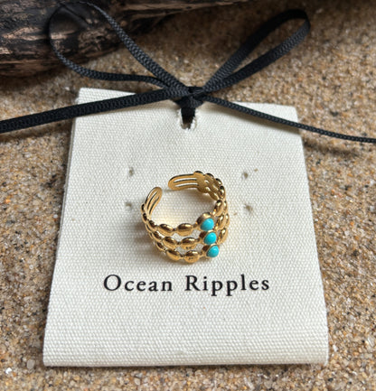 18ct Gold Plated Turquoise Triple Band Adjustable Ring 
