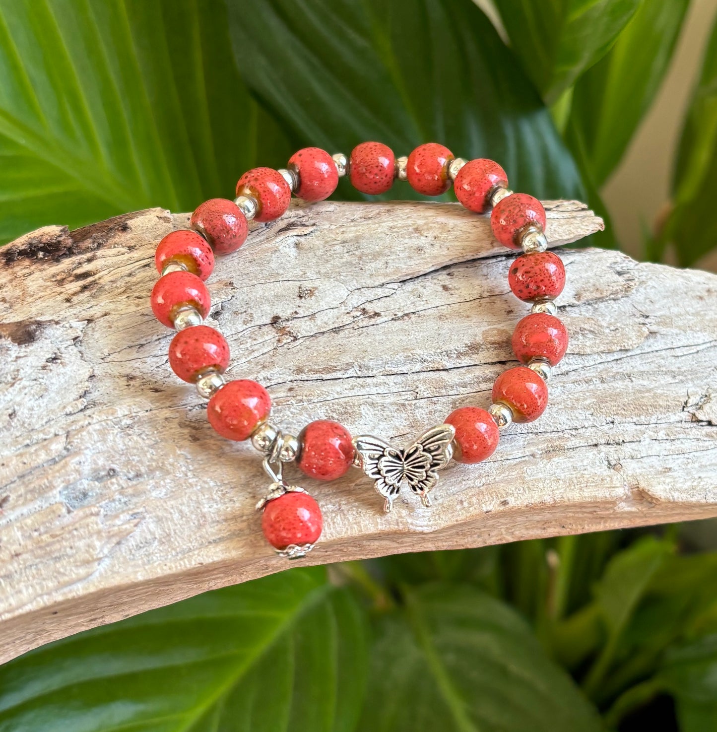 Ceramic Beads Bracelet With Butterfly Charm - Coral