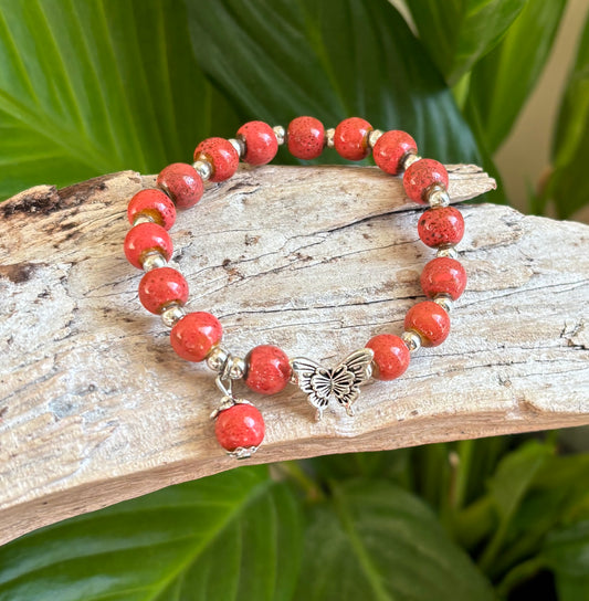 Ceramic Beads Bracelet With Butterfly Charm - Coral