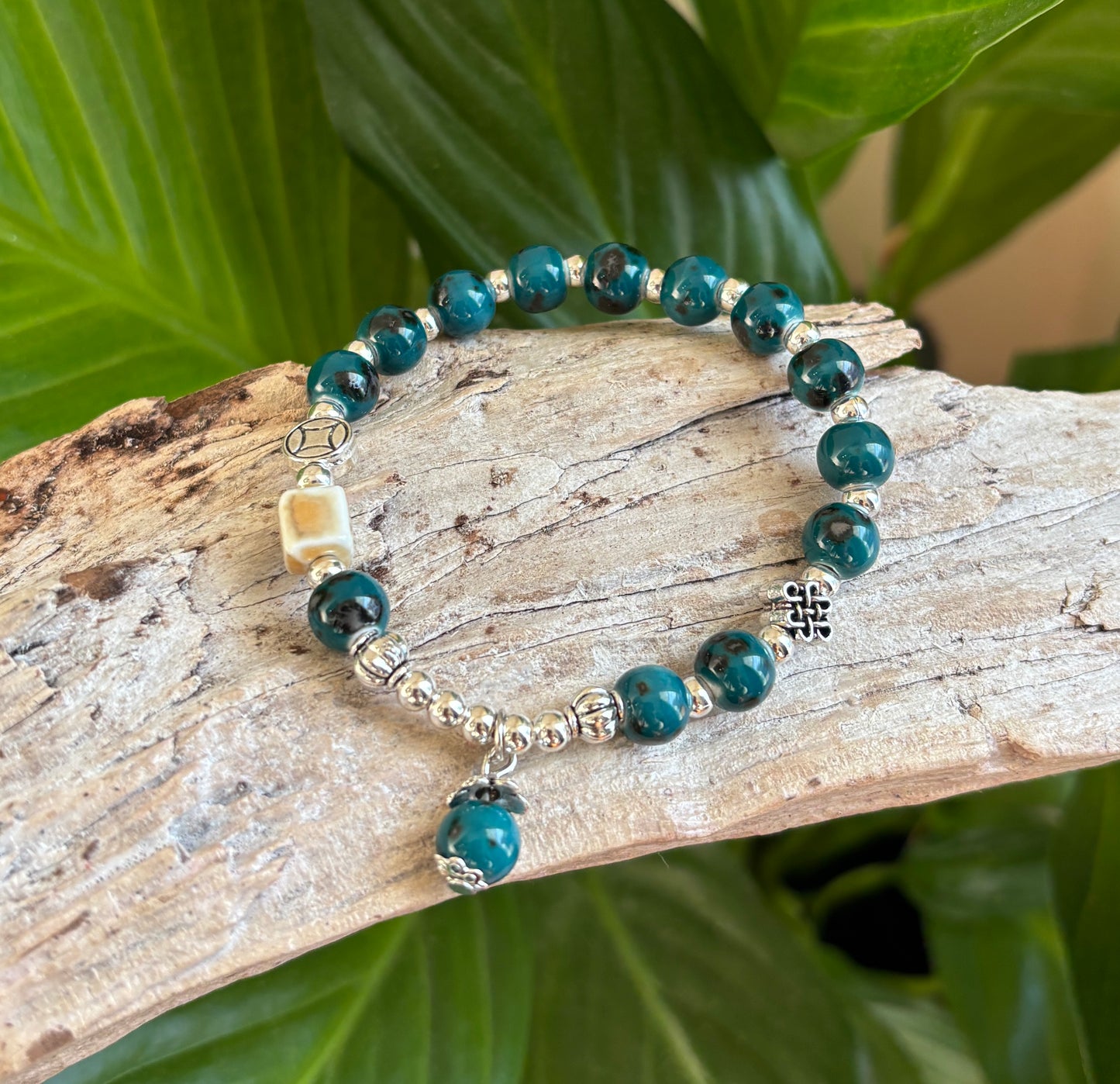 Ceramic Beads Bracelet With Charm - Teal