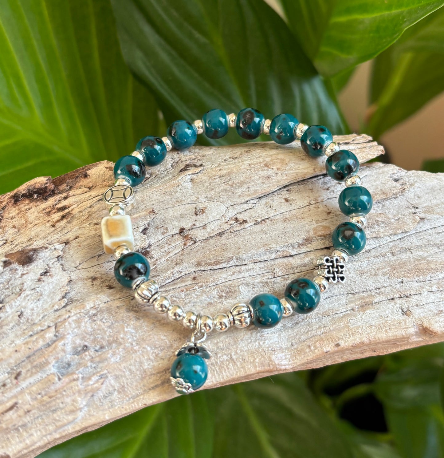 Ceramic Beads Bracelet With Charm - Teal