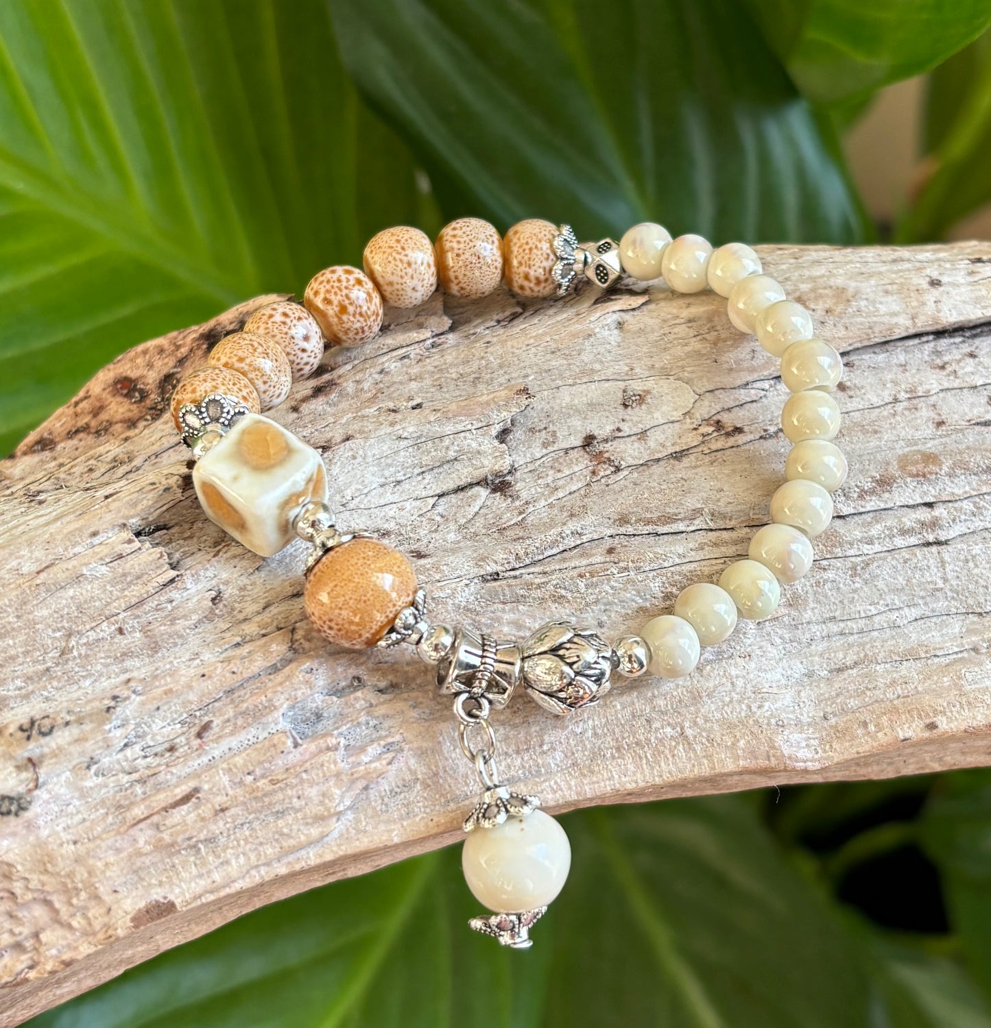 Ceramic Beads Bracelet With Charm - Beige
