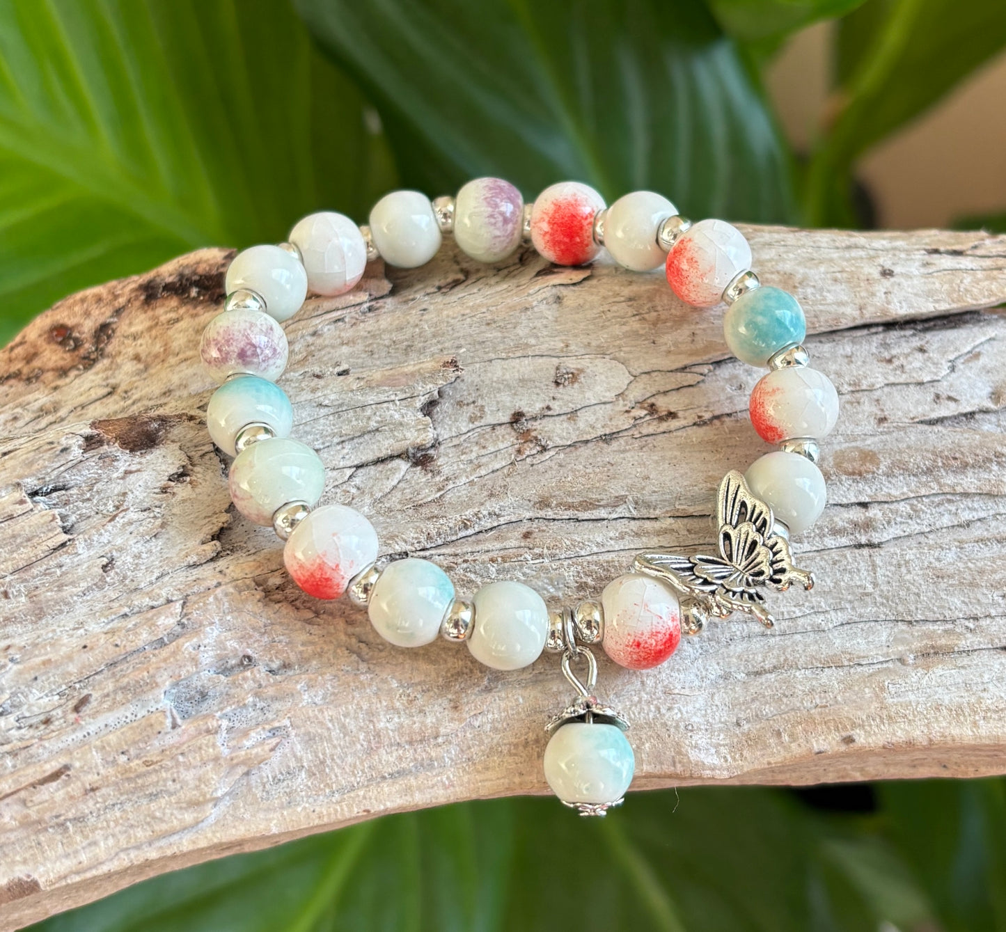 Ceramic Beads Bracelet With Butterfly Charm - Multi Colour