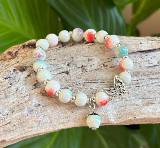 Ceramic Beads Bracelet With Butterfly Charm - Multi Colour