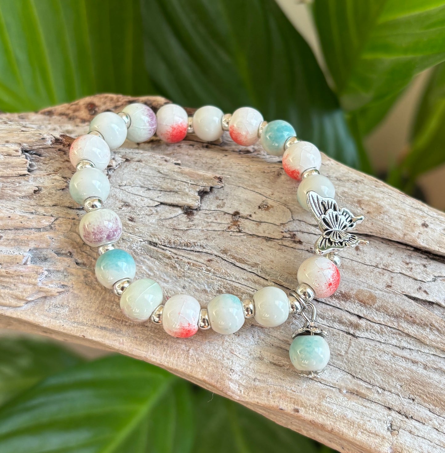 Ceramic Beads Bracelet With Butterfly Charm - Multi Colour