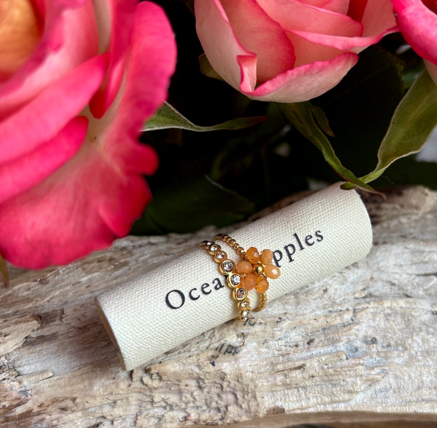 18ct Gold Plated Aventurine Flower Ring Available in Two Colours