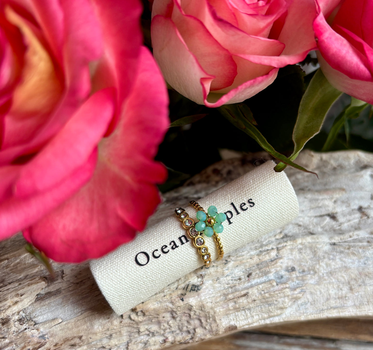 18ct Gold Plated Aventurine Flower Ring Available in Two Colours