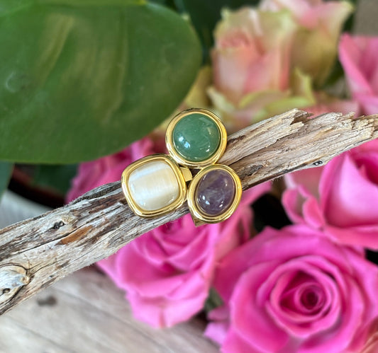 18ct Gold Plated Adjustable Triple Natural Stone Ring   