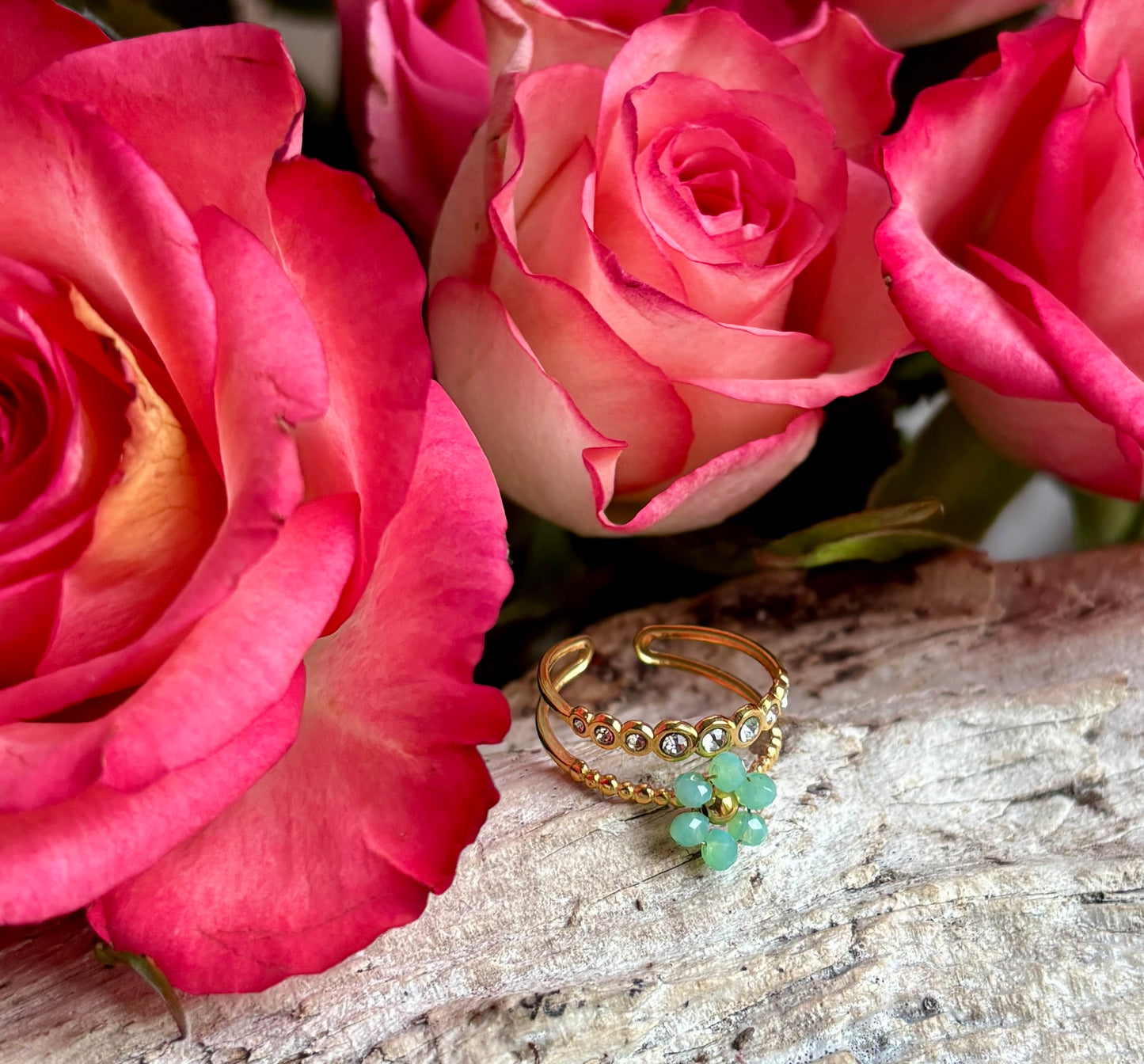 18ct Gold Plated Aventurine Flower Ring Available in Two Colours