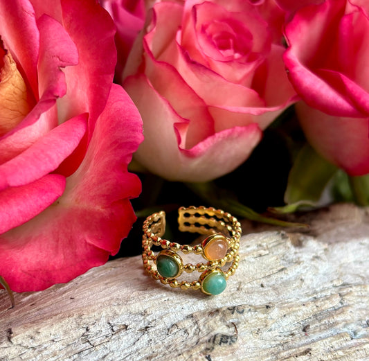 18ct Gold Plated Natural Stone Tripple Band Ring