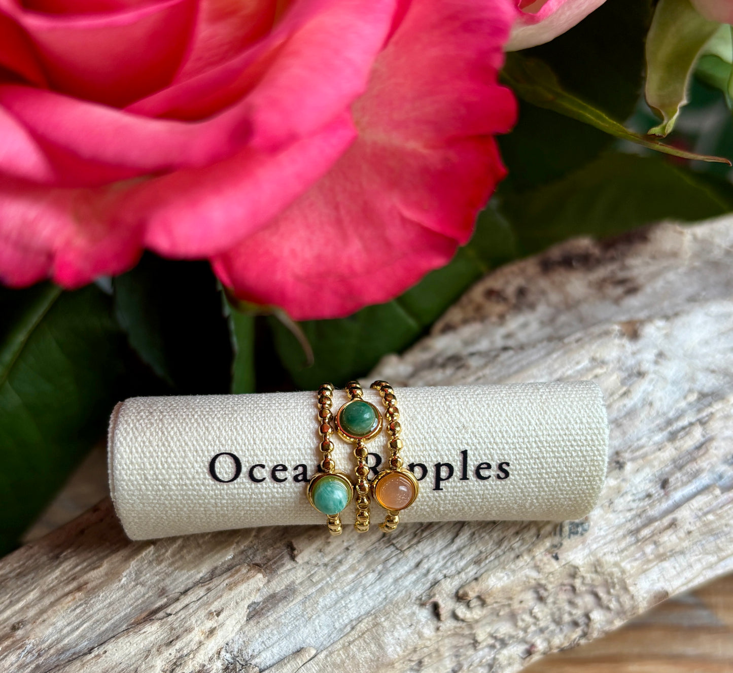 18ct Gold Plated Natural Stone Tripple Band Ring