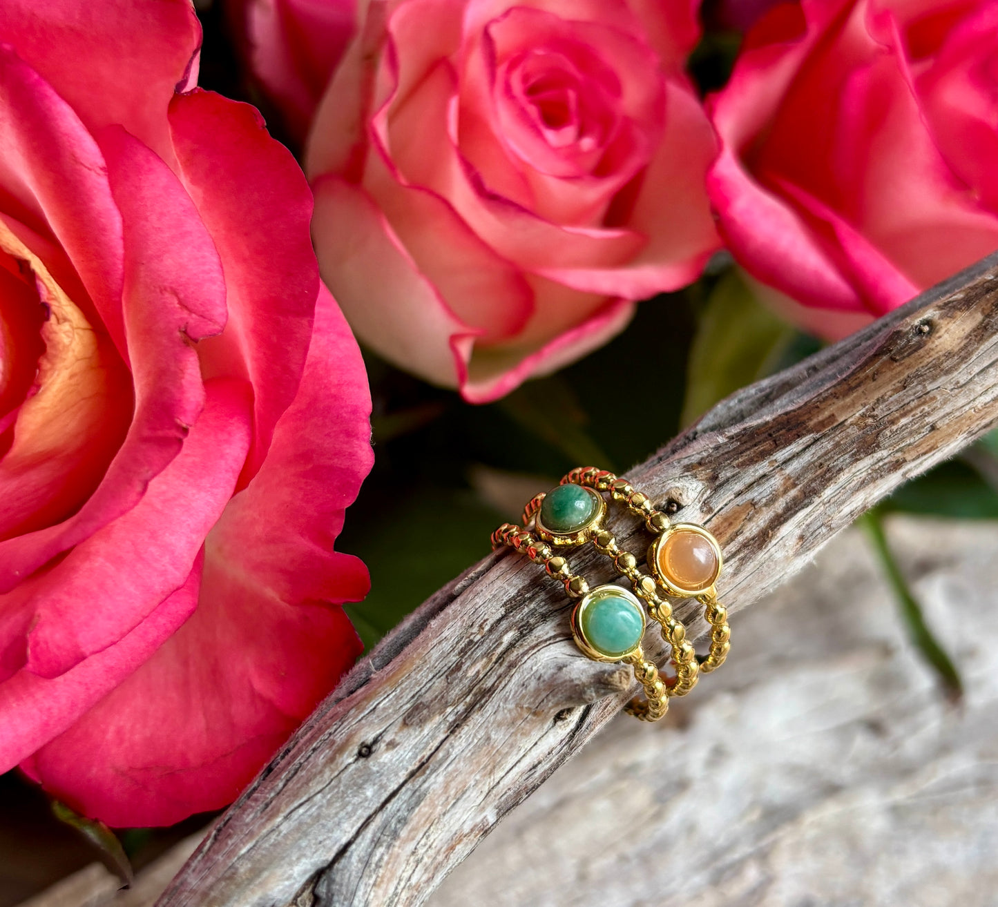 18ct Gold Plated Natural Stone Tripple Band Ring
