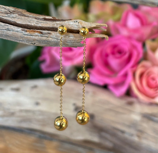 18ct Gold Plated Triple Ball Drop Dangle Earrings  